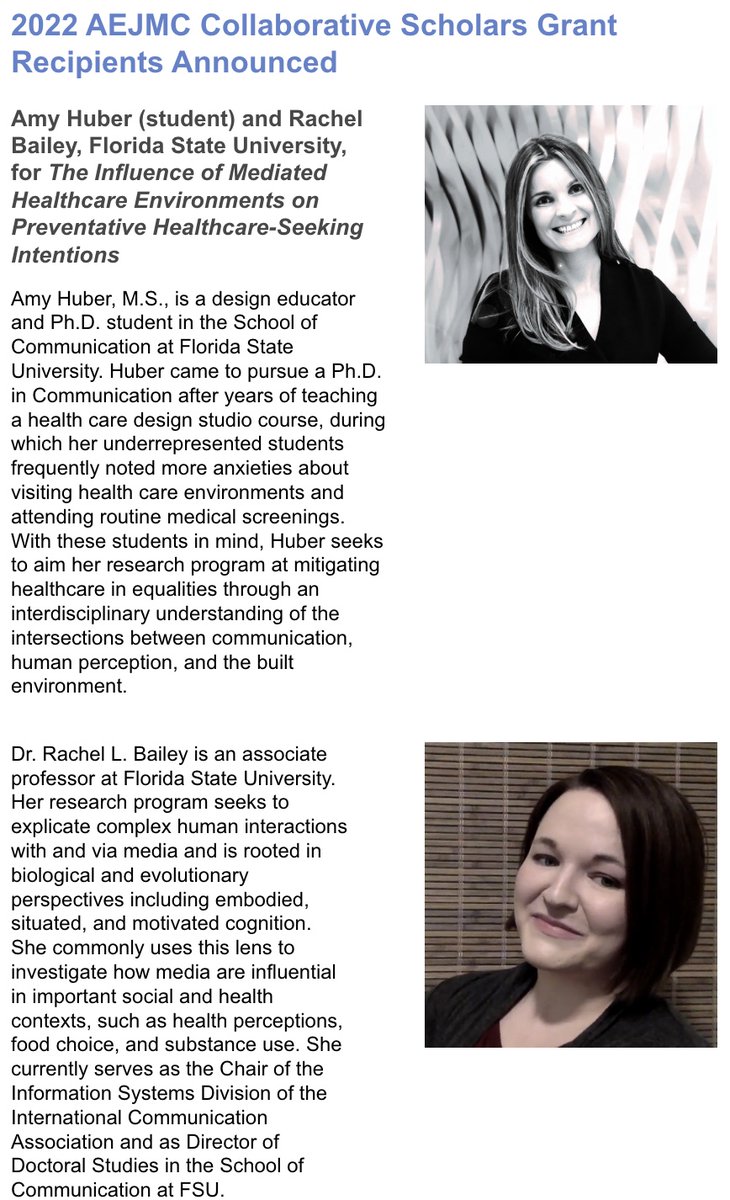 AEJMC's tweet image. 2022 Collaborative Scholars Grant recipients announced! Congrats!
 🧵 (1 of 3) Amy Huber &amp;amp; Rachel Bailey of Florida State University for The Influence of Mediated Healthcare Environments on Preventative Healthcare-Seeking Intentions.