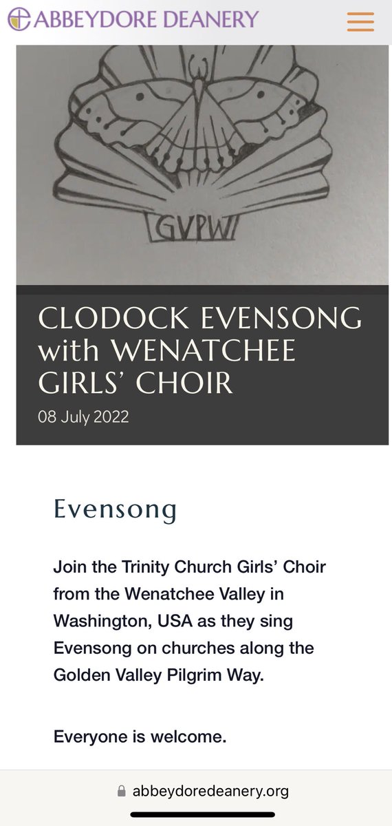 saravaug2's tweet photo. Looking for something to do Friday 8th July join us 8pm #eveningsong ⁦@StClydawgs⁩ #Wenatchee #girlschoir ⁦@HerefordDiocese⁩ https://t.co/N0w8mbQdKx