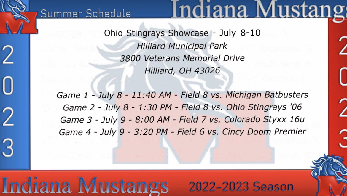 Indiana Mustangs’05 2023 are in Ohio for the Ohio Stingrays Showcase. See schedule below.