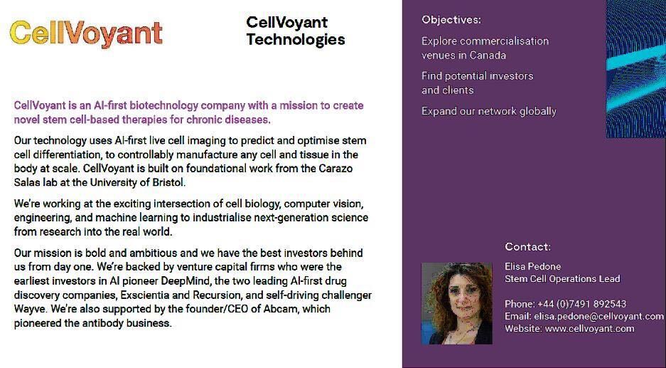 Very excited to be in Canada and represent CellVoyant at the InnovateUK Global Innovation Programme 2022. First Stop Vancouver. Looking forward to fruitful partnerships!!! 
 
#innovation #canada #vancouver #innovateuk #bioengineering #biomanufacturing #microscopy #stemcells