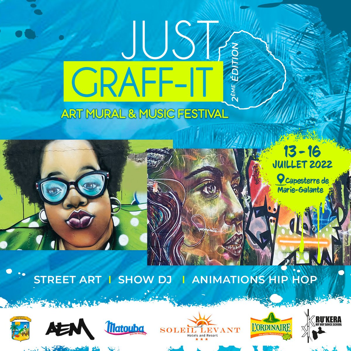 #JustGraffIt Le Festival du Graffiti et du #StreetArt est de retour à Capesterre de #MarieGalante du 13 au 16 juillet 2022. 

Au programme : réalisations de fresques murales, show DJ, ateliers de dessin, de sculpture, de danse Hip-Hop et visites en Tuk-Tuk 

#Guadeloupe