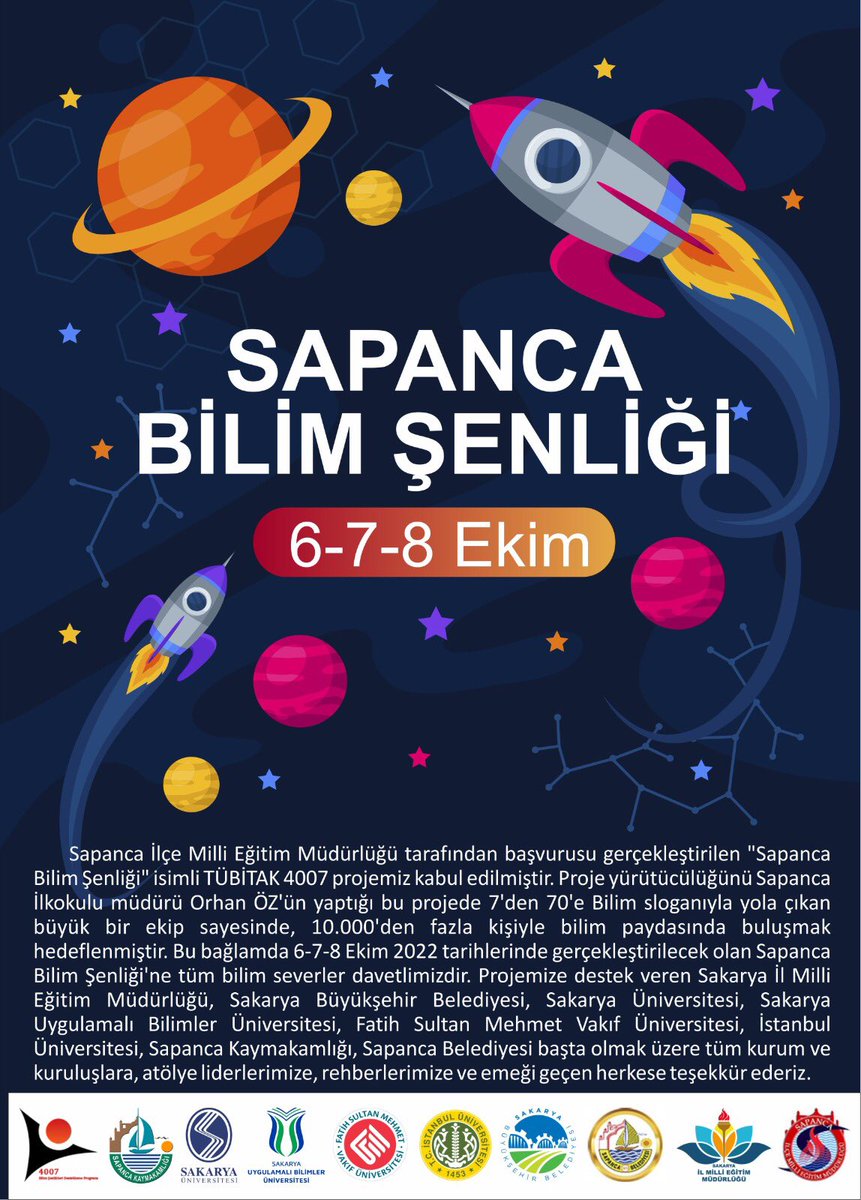 #tubitak4007 Sapanca Bilim Şenliği projemiz <a href="/Tubitak/">TÜBİTAK</a> desteği almaya hak kazanmıştır.  <a href="/valicetinoktay/">Çetin Oktay Kaldırım</a> <a href="/Rcanpolat/">Abdurrezzak CANPOLAT</a> <a href="/SapancaKaymakam/">T.C. Sapanca Kaymakamlığı</a> <a href="/ebubekirsavasci/">Ebubekir Sıddık Savaşçı</a> <a href="/sakaryamem/">Sakarya İl Millî Eğitim Müdürlüğü</a> <a href="/mehmetnuridede/">Mehmet Nuri Dede</a> <a href="/sakaryauni/">Sakarya Üniversitesi</a> @SubuOfficial <a href="/fsmvu/">Fatih Sultan Mehmet Vakıf Üniversitesi</a> 
<a href="/SapancaBelediye/">Sapanca Belediyesi</a> <a href="/Sakaryabld/">Sakarya Büyükşehir Belediyesi</a> <a href="/TeknolojiSubu/">SUBÜ Teknoloji Fakültesi</a> <a href="/SubuTurizm/">SUBÜ Turizm Fakültesi</a> <a href="/KocaeliBilim/">Kocaeli Bilim Merkezi</a>