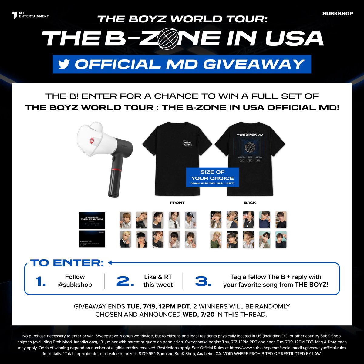 🌐 GIVEAWAY 🌐

We’re giving away a full set of #THEBOYZ WORLD TOUR : THE B-ZONE IN USA OFFICIAL MD to (2) lucky The B! ❤️‍🔥

To enter: 
1. Follow <a href="/subkshop/">SubK Shop</a>
2. Like + RT this tweet
3. Tag a fellow The B + reply with your favorite song from THE BOYZ!

#SUBKSHOP #SUBKSQUAD