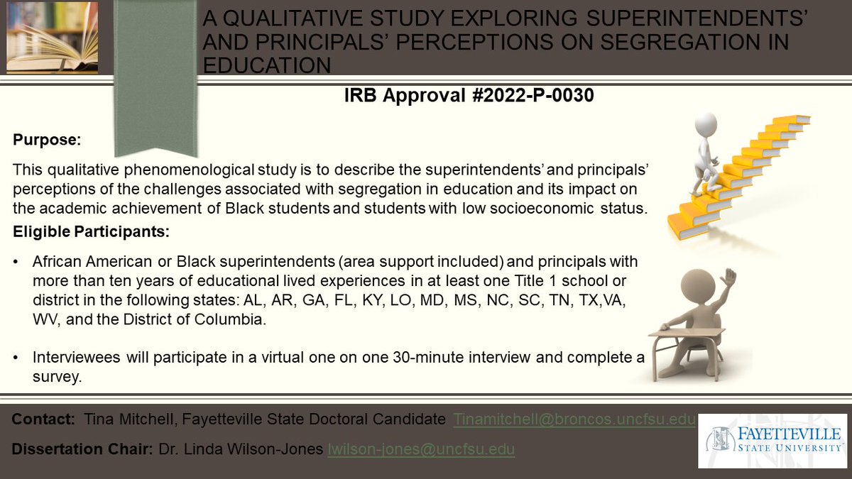 Help! If you know an African American principal/superintendent (area, district, associate, etc) in the southern states can you send them my way. I need participants for my study. Their information is not shared with the public. Inbox or email me tmmitchell@broncos.uncfsu.edu