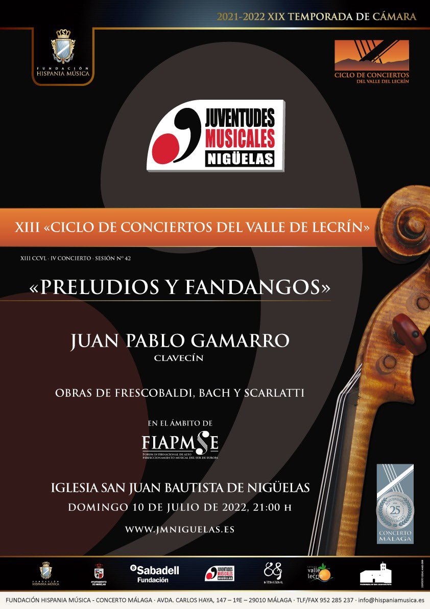 ConcertoMalaga's tweet photo. Si te has quedado sin entrada para ver a @jpablogamarro al clave en el “#ClásicaPlus” en Málaga, el próximo domingo a las 21:00h podrás verlo clausurando “#CCVL-Ciclo de Conciertos del Valle de Lecrin” de Fundación @HispaniaMusica en Iglesia @niguelas_ (Granada)
-CM 25Aniversario https://t.co/E9CRBExuVt
