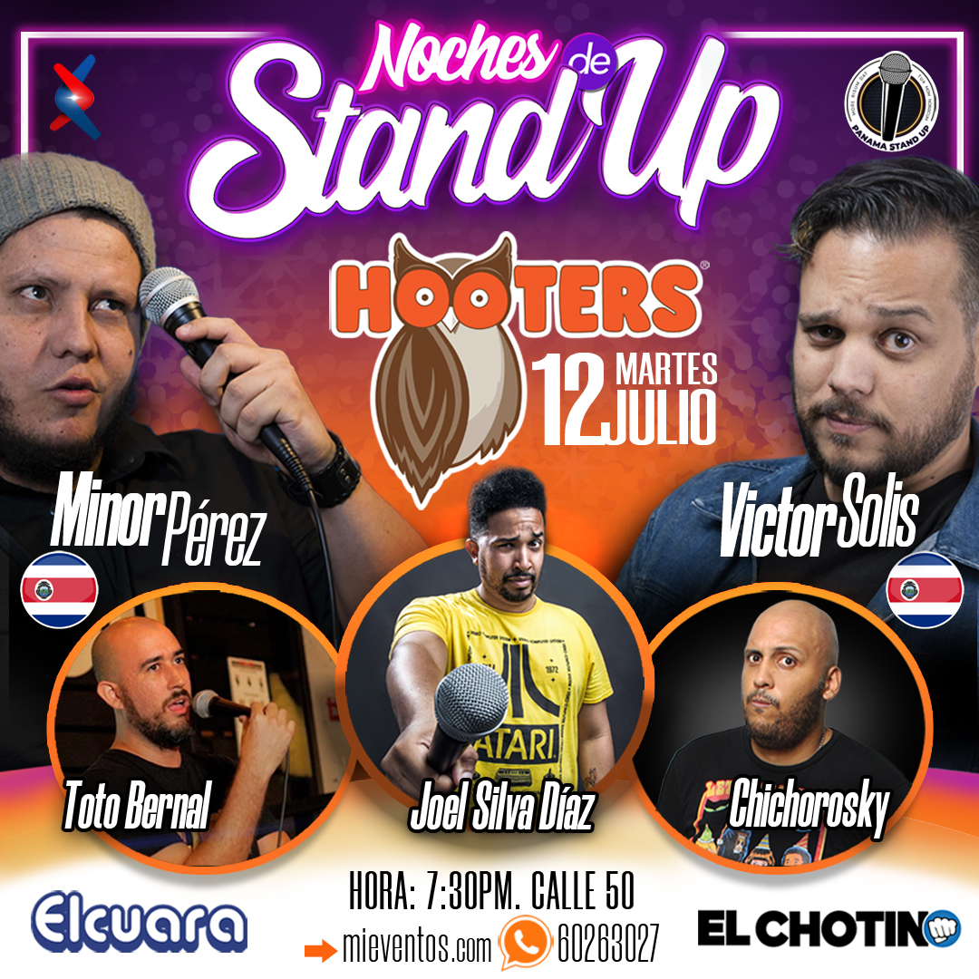 El 12 de Julio Hooters presenta Noches de Stand Up con los comediantes Joel Silva <a href="/joelsilvadiaz/">Joel S. Díaz</a>  Toto Bernal <a href="/totobernal/">Abraham ‘Toto’ Bernal Correa</a>  Chicho <a href="/chichorosky/">Chicho</a>  y como invitados especiales desde Costa Rica 🇨🇷 Minor Perez y Víctor Solis. Tickets al 60263027 o en mieventos.com