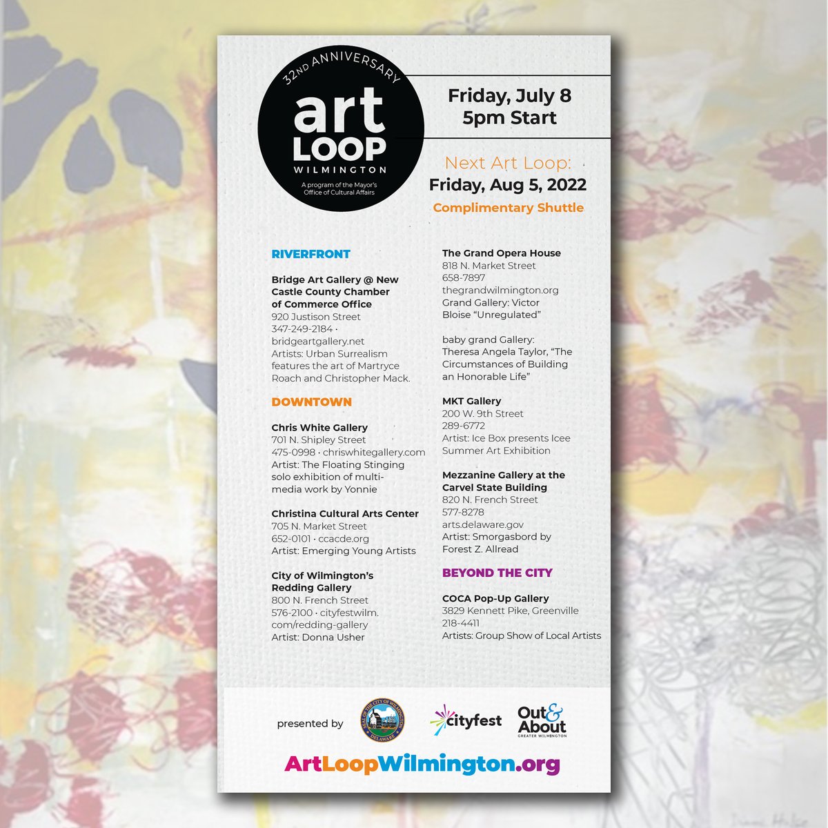outandaboutnow's tweet photo. 🎨𝗔𝗿𝘁 𝗟𝗼𝗼𝗽 𝗪𝗶𝗹𝗺𝗶𝗻𝗴𝘁𝗼𝗻🎨
#ArtLoopWilmington is TOMORROW
Visit the galleries in & around @cityofwilmde
This Month on The Loop https://t.co/dvN9meTqny
#GetOutAndAbout #OutAndAboutMagazine #InWilm #VisitWilm #WilmDE #NetDE #artloop #wilmingtonartloop
@CityfestWilm https://t.co/qmVqROKceN