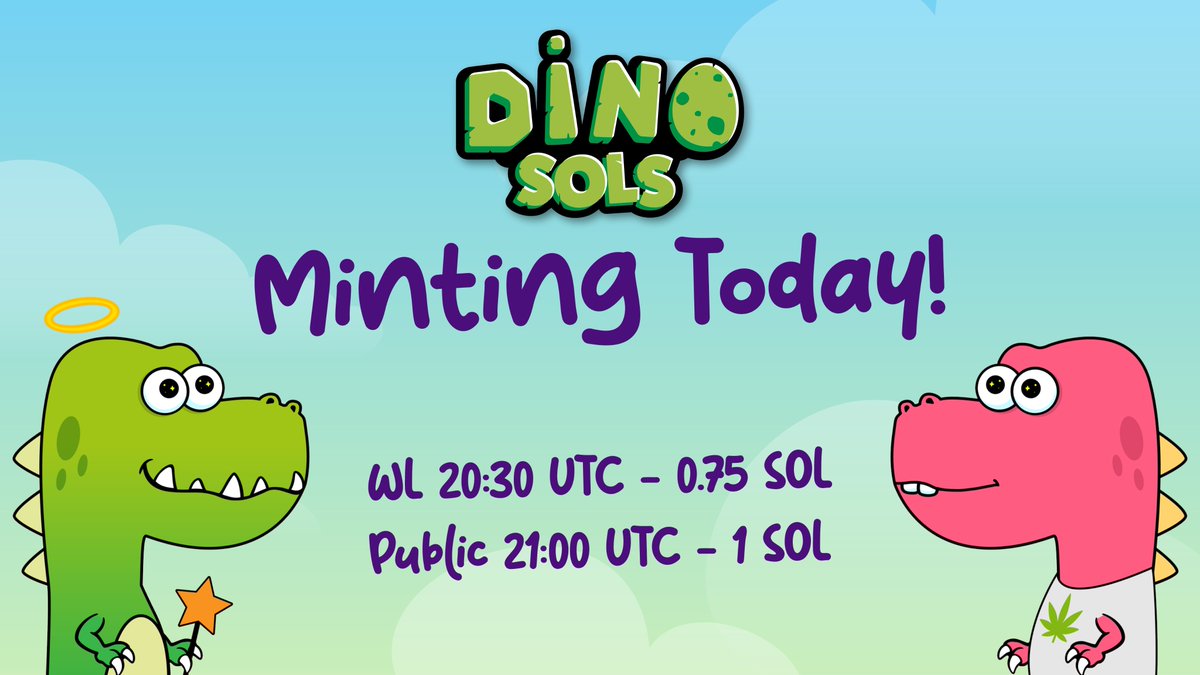 DinoSols putting the fun back into NFTs! 🦖

💥1,111 supply
💥Low mint price
💥Awesome pfps
💥Shit loads of rewards for holders

#NFTs #nftart #SolanaNFTs #NFTCommmunity