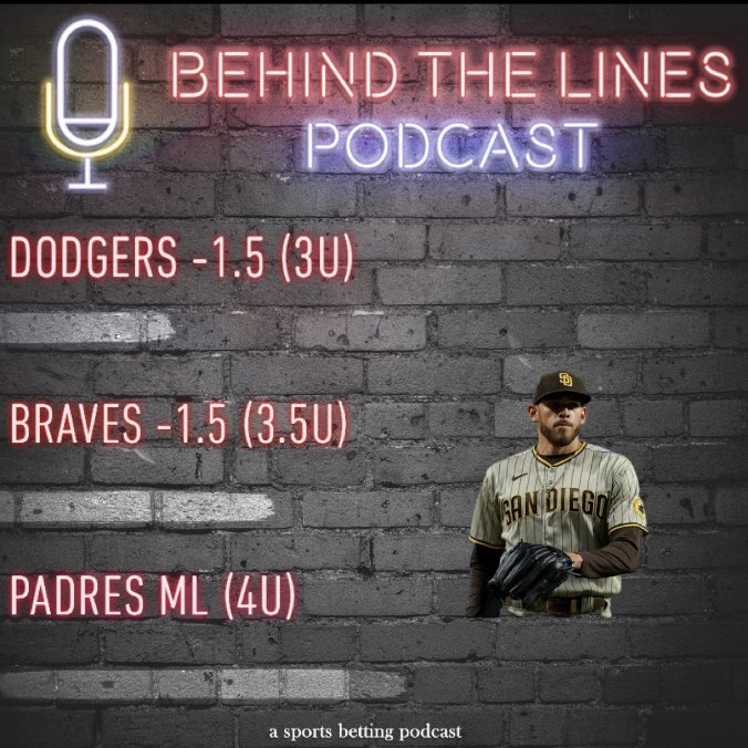 _BehindThePod's tweet photo. Back on the mound after our big ticket win on the giants yesterday. Let’s have a day! #BTLBets #Freepicks #MLB #GamblingTwiitter 

Dodgers -130 
9:30 CST

Braves -115
6:20 CST

Padres -132
8:40 CST https://t.co/FaBXd5zpOo