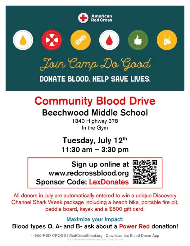 BeechwoodMiddle's tweet photo. Community Blood Drive @ BMS on Tuesday, July 12th from 11:30-3:30.  Sign up online at https://t.co/7opEwwfOlD https://t.co/0MaxQdaSAQ