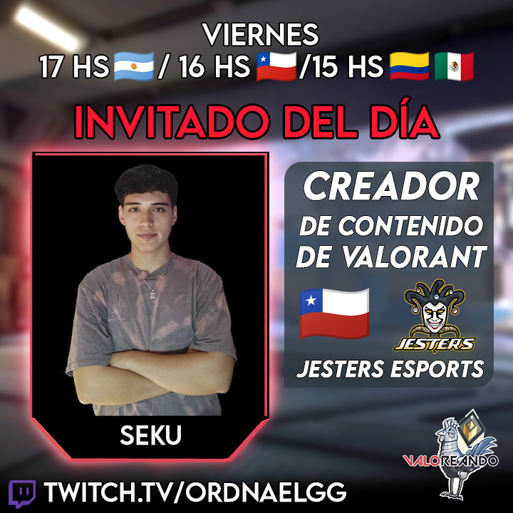 Se viene otro VIERNES de #VALOREANDO edición #18 de nuestro Podcast con todo sobre el VALORANT de LATAM.

Y desde el otro lado de la 🏔
🐓 <a href="/1sekuu/">Seku</a> 🇨🇱 de <a href="/JestersEsports/">Jesters Esports</a>, uno de los creadores de contenido del momento🔥

🎙 <a href="/OrdnaelGG/">Ordnael</a>, <a href="/PabloAgusMoro/">Flamita 🔥 Agustín Moro</a> y <a href="/TinkasVAL/">Tinkas</a> 
🎬<a href="/karlitosKarlen/">karlitos karlen</a>