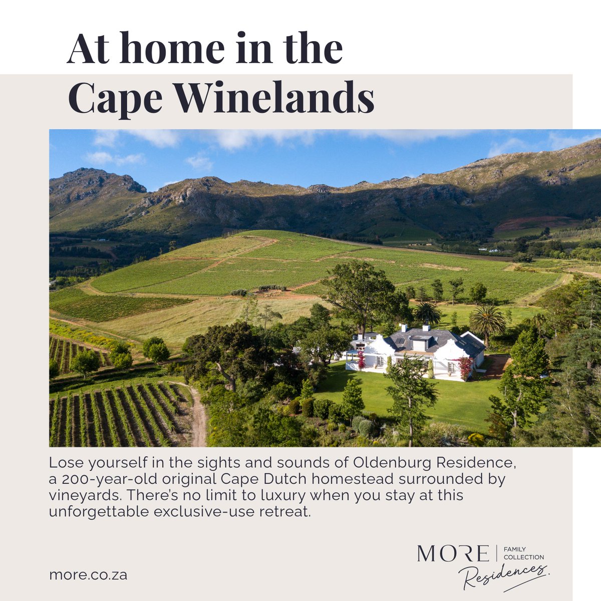 MORE_Collection's tweet photo. Slow it down in the Cape Winelands when you stay at MORE Family Collection’s tranquil Oldenburg Residence overlooking the beautiful vineyards and mountain ranges of the Cape. It’s your retreat to slow down, relax and feel restored. #MOREResidences
#Luxurytravel #privatestay https://t.co/g8uB1WUSOO