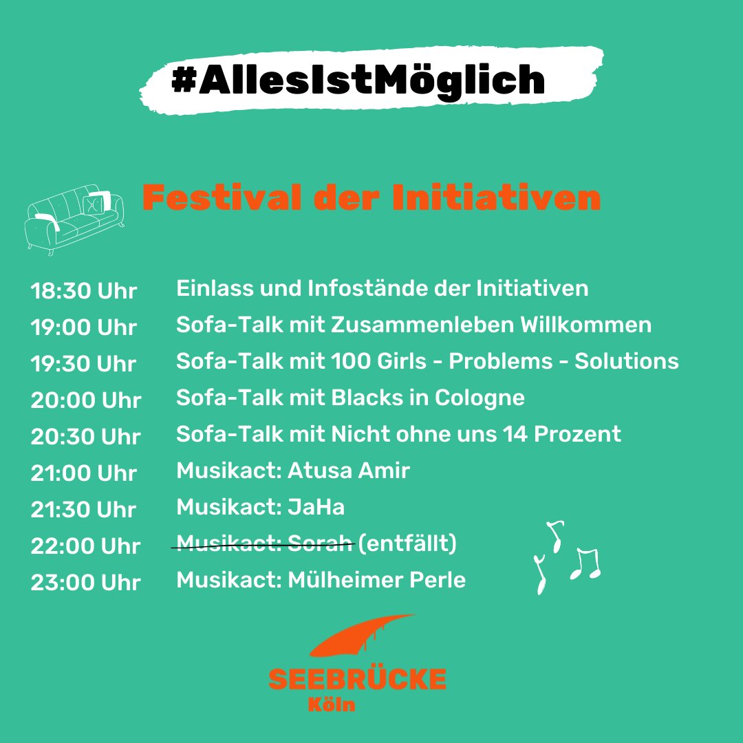 Morgen endet unsere Veranstaltungsreihe #AllesIstMöglich mit dem Festival der Initiativen in der Niehler Freiheit. Mit dabei sind diese fantastischen Artists. Kommt vorbei, Einlass 18:30 Uhr. 

Ohne Küfa, ohne Sorah - aber 7 anderen super Gründen zu kommen. Wir freuen uns!