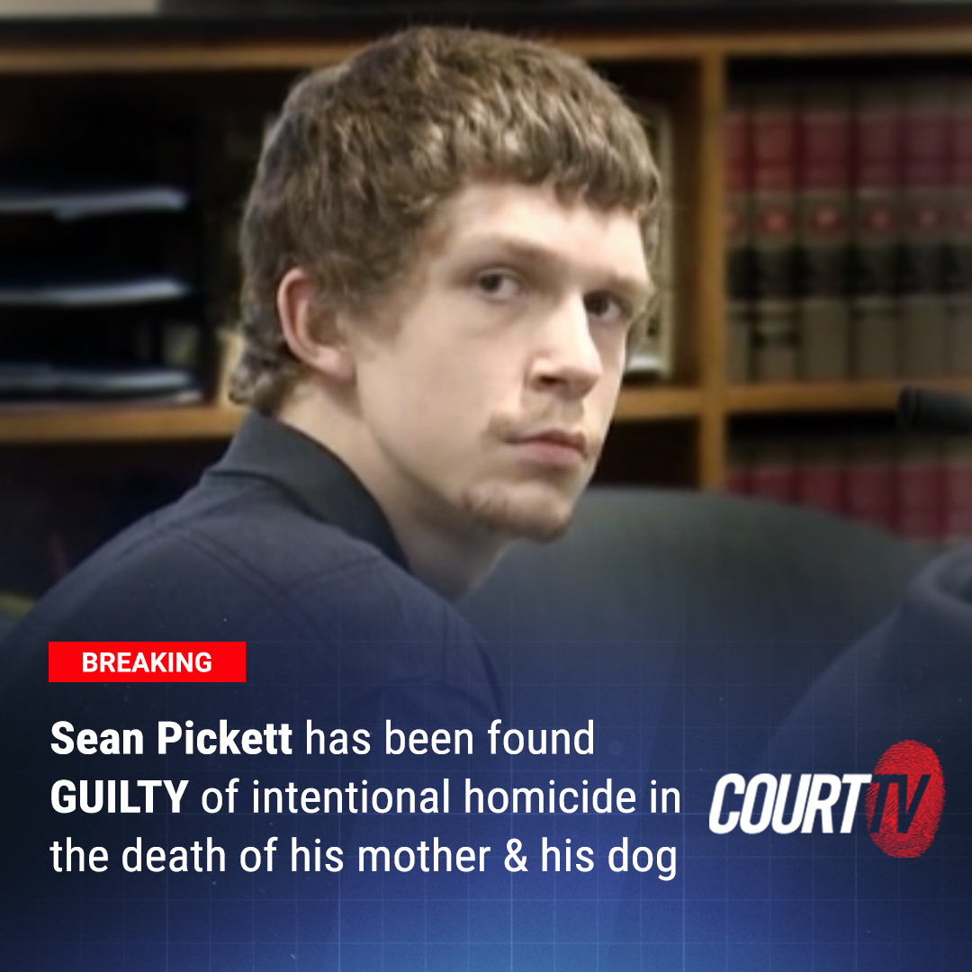 CourtTV's tweet photo. #BREAKING: After deliberating for 1 hour and 46 minutes, a jury found #SeanPickett has GUILTY for the intentional homicide of his mother Susan Pickett and for the death of his dog Chico. 

Was justice served?

WATCH #CourtTV LIVE - #PossessedByEvil Trial- https://t.co/tnYdPcDRMU https://t.co/8Xlj2HwKqJ