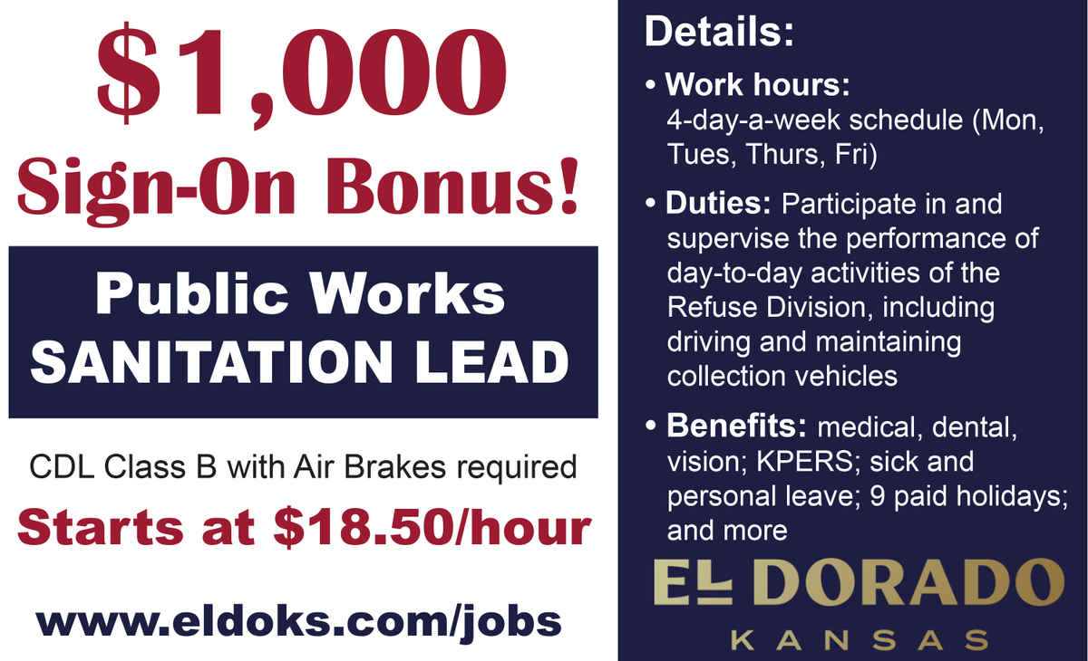 As Sanitation Leadperson you would participate in and supervise day-to-day activities of the Refuse Division of the Public Works Department, including driving and maintaining collection vehicles. Make a difference in the El Dorado community and apply at bit.ly/3OWu0tV