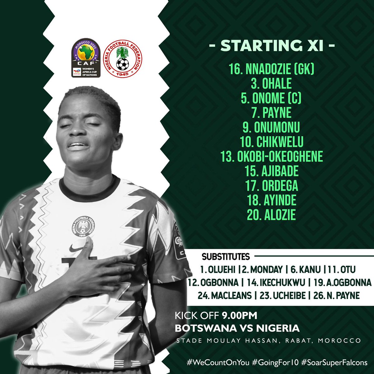 NGSuper_Falcons's tweet photo. Here's how we will line up vs #TeamBotswana  

#WeCountOnYou 
#GoingFor10 
#SoarSuperFalcons 
#TeamNigeria 
#TotalEnergiesWAFCON 
#BOTNGA https://t.co/M5gJWkftJx