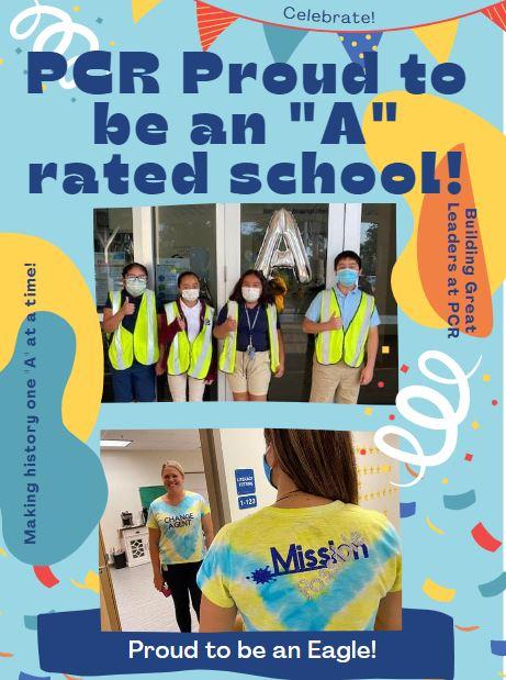 Let's hear it for our Eagles!  Pinecrest is proud to announce that for the second year, we have earned an "A" school grade based on state assessment results.  This is a historic achievement as Pinecrest has never achieved an "A" two years in a row.  #CCPSSuccess #LeaderInMe