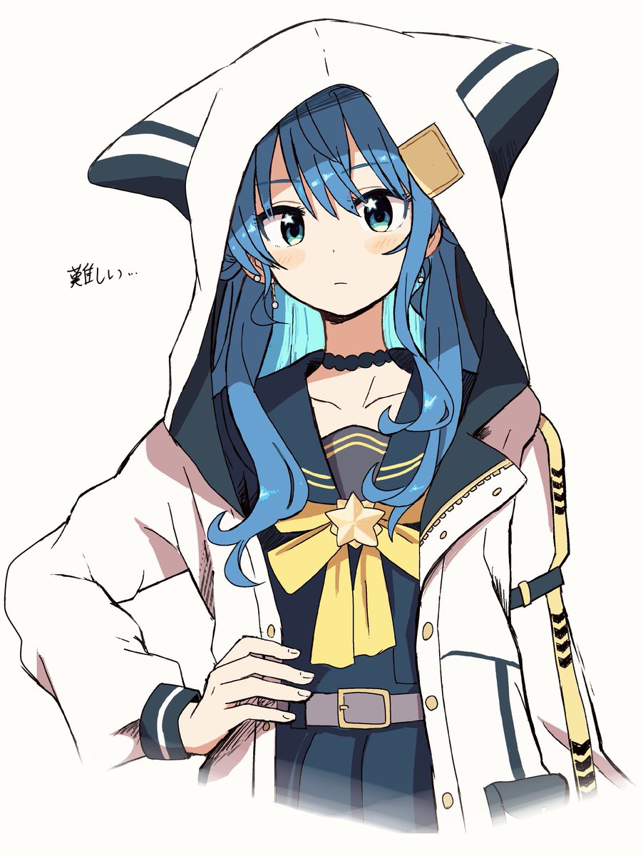 hoshimachi suisei 1girl solo blue hair hood jacket white jacket hood up  illustration images