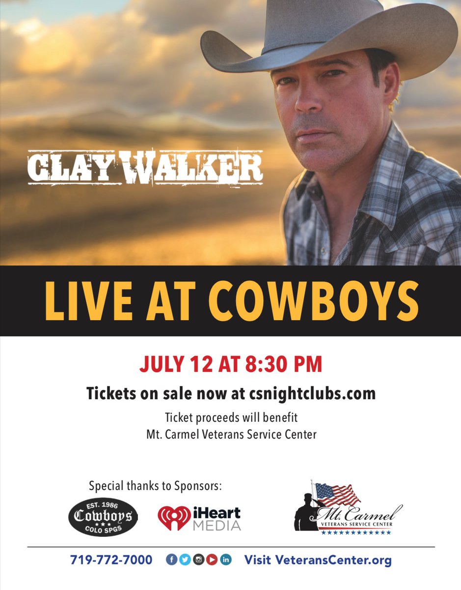 Colorado Springs, CO! Catch Clay Walker at Cowboys on Tuesday, July 12th.

Get your tickets here: bit.ly/3u7nHvp