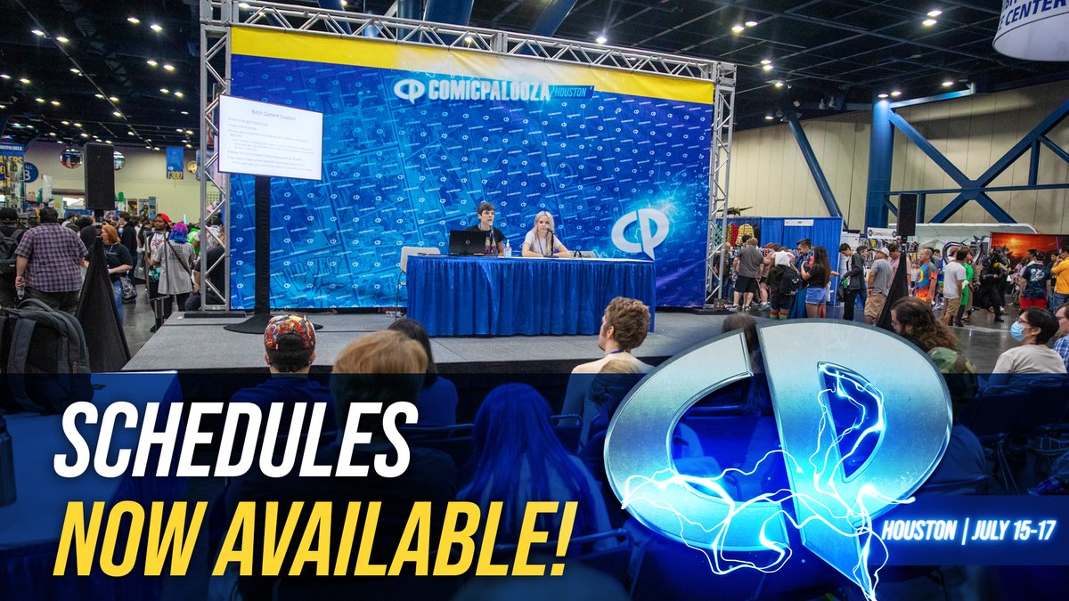 Comicpalooza's tweet photo. At Comicpalooza, you want to know exactly where to go. Do this by looking at our programming schedule which is now LIVE! See schedules of all the exciting podcasts, panels, &amp; activities. We'll update the schedule as #CP2022 approaches! Check out the latest https://t.co/p5sGlxrWck https://t.co/yMMJf6wm4a