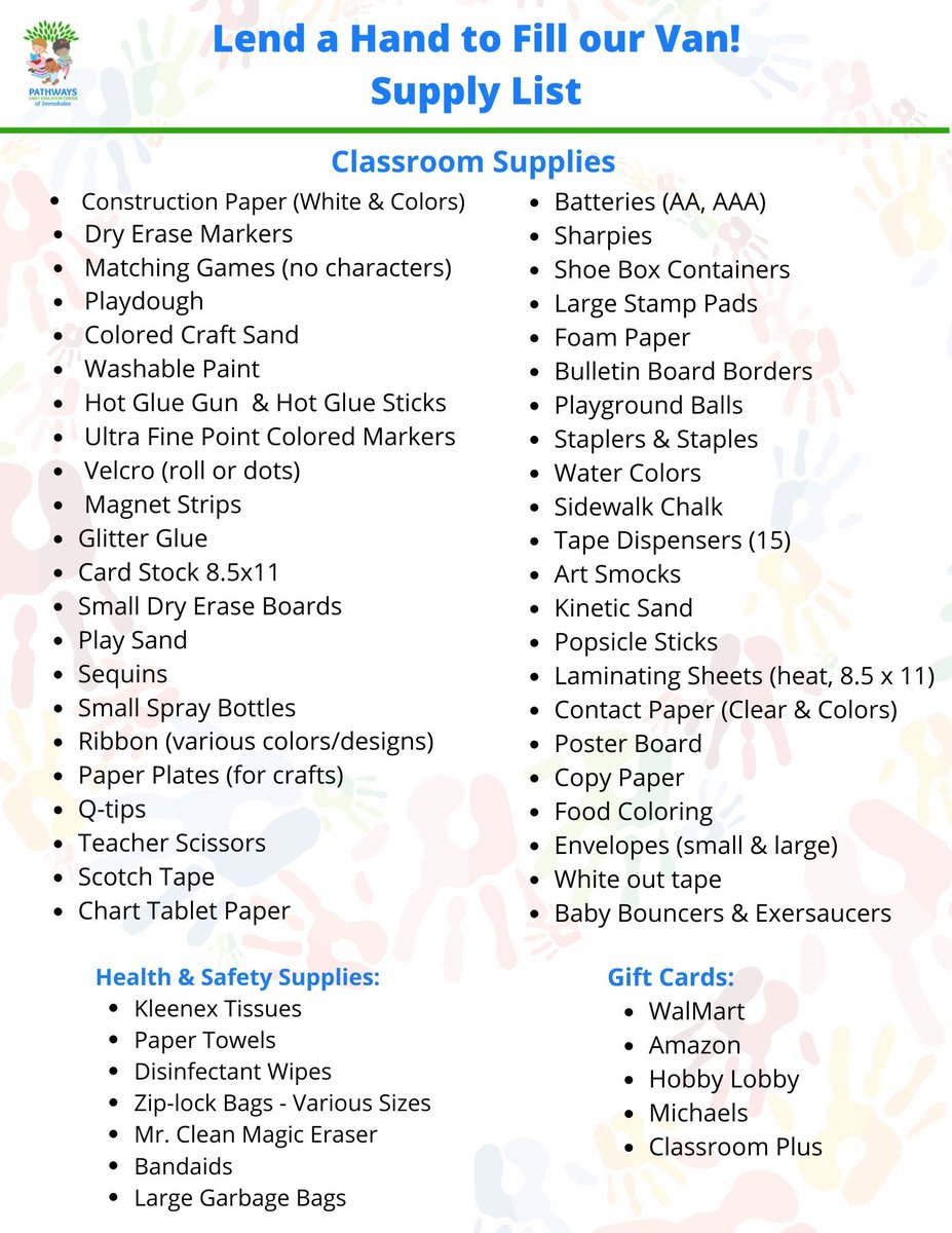 Pathways is gearing up for a new school year. 
Lend a Hand, to Fill our Van with new school supplies for our future leaders. See our supply list below.
#backtoschool #earlyeducationmatters