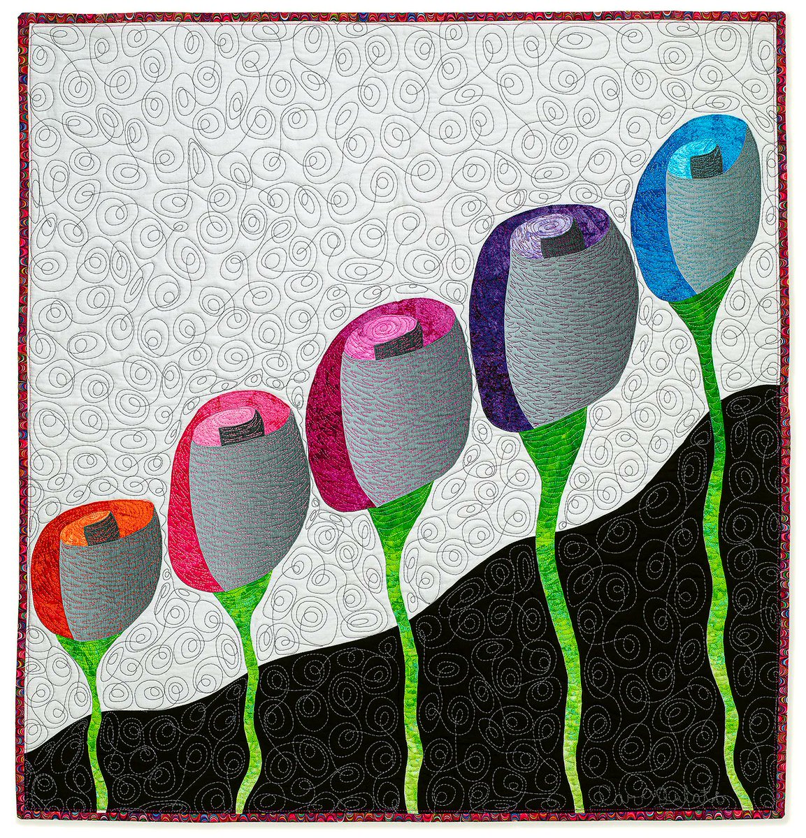 MarinMOCA's tweet photo. "Five Iridescent Buds," an exquisite example of Cara Gulati's expertise with her medium of choice. Visit today &amp; immerse yourself in these #artquilts featuring vibrant colors &amp; dynamic compositions. Exhibition is on view now in the Second Floor Gallery. https://t.co/lHP1Vaiwaq https://t.co/wx3x2Jxnwo
