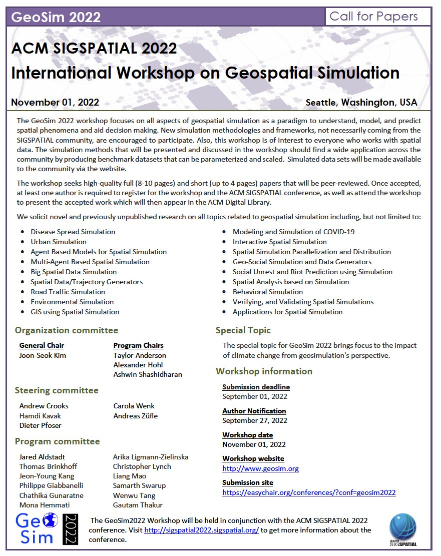 Are you doing work on geospatial simulation? If so check out this call for papers at #GeoSim22 workshop at <a href="/SIGSPATIAL_GIS/">ACM SIGSPATIAL</a>. More details: geosim.org Paper deadline 1st September #GIS #ABM