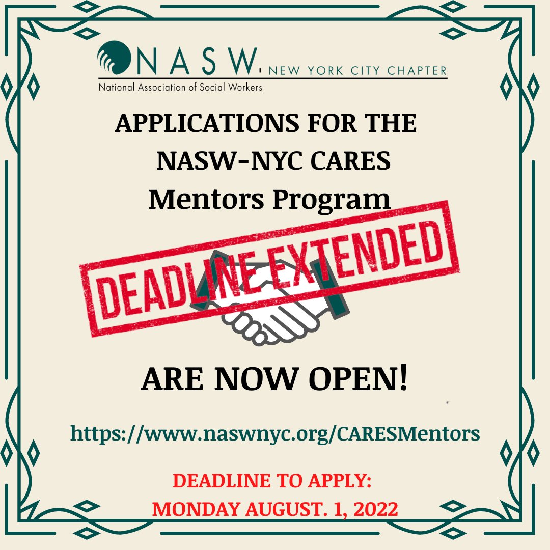 NASWNYC's tweet photo. Applications for the NASW-NYC CARES Mentors Program are STILL OPEN!

Looking to become a Mentor? Looking FOR a Mentor?
Join the Program!

🚨🚨🚨 DEADLINE EXTENDED TO AUGIST 1, 2022! 🚨🚨🚨

https://t.co/1ceI8WoXD8 https://t.co/0sPvdmOEPo