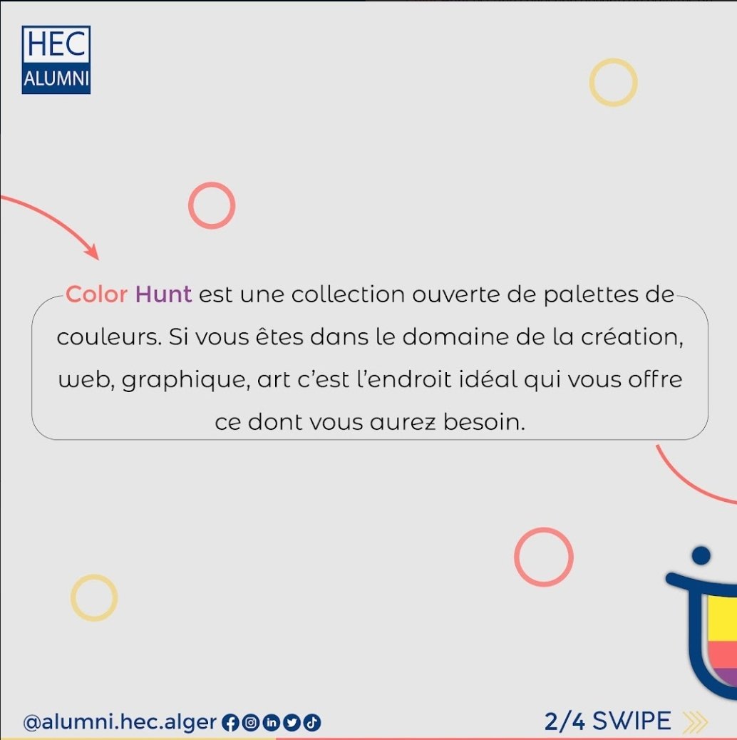Alumni_hec's tweet photo. C’est la chasse aux couleurs avec GET TO KNOW !🕵️‍♂️ 
Vous désirez une meilleure inspiration de couleurs?
Color Hunt vous fournira le schéma parfait grâce à ses palettes.🎨
Just keep hunting et laissez-vous inspirer!
Découvrez-en davantage:👇
#ALUMNIHECAlger 
#ColorHunt https://t.co/DvaPgUS9R1