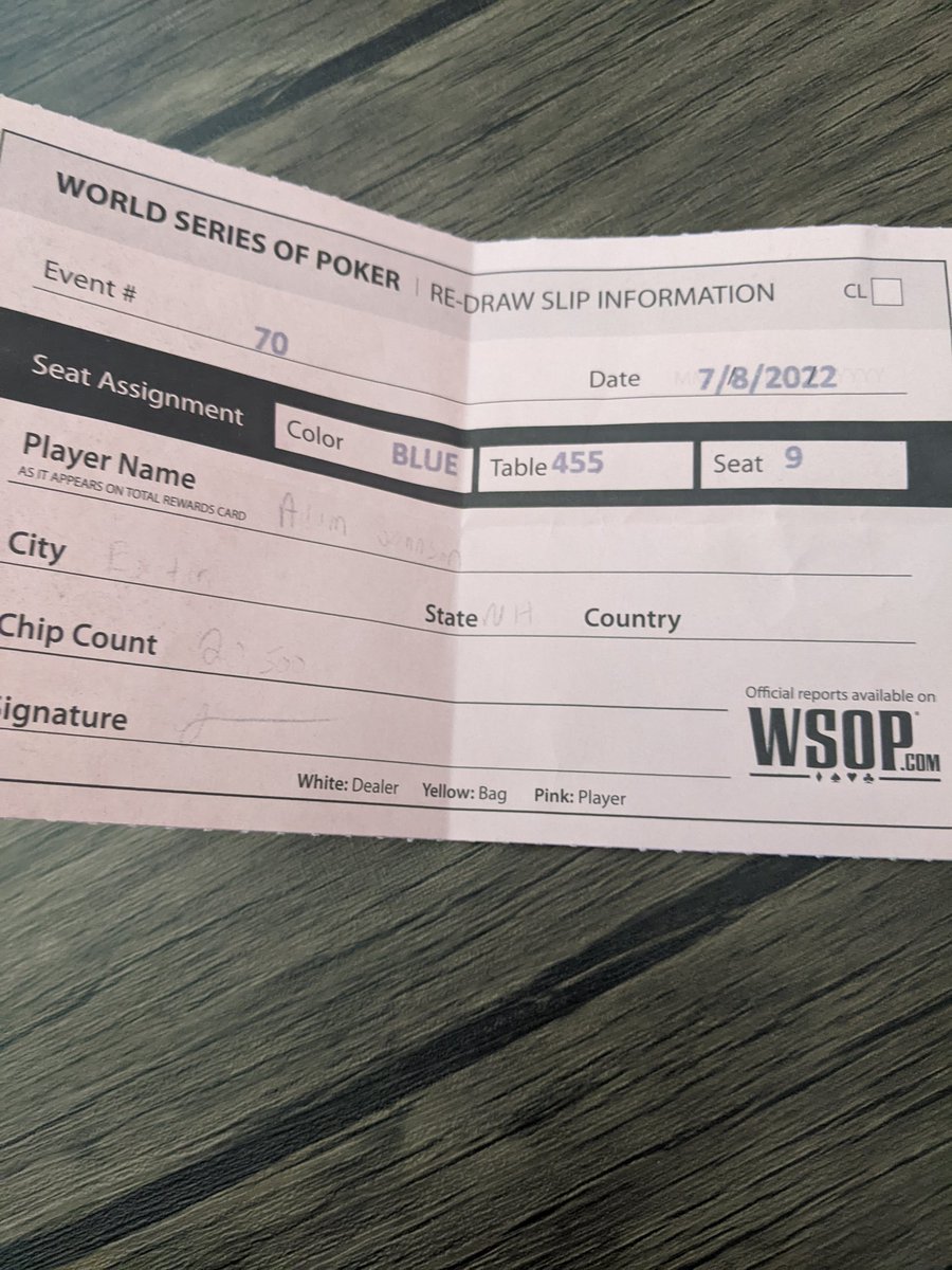 AdamJohnson1726's tweet photo. Hey @PokerNews why do you always treat me like I don't exist? I know you probably can't read the faded pink slip so it's Adam Johnson Exeter, NH 20,500. I may not have alot of chips but contrary to your beliefs I am still in. https://t.co/6dx4KIja2x