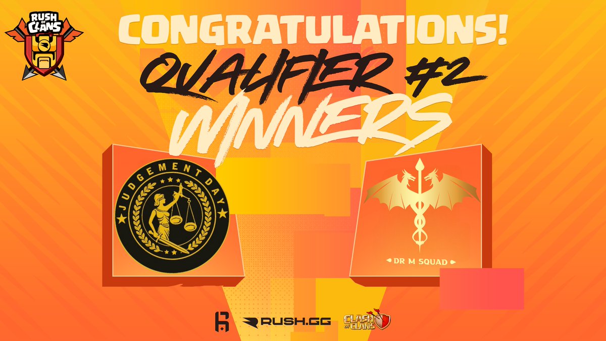 📢 WINNERS of RUSH of Clans Qualifier #2 
#ClashEsports #ClashOfClans

You all know <a href="/MrDSquad/">Dr M.Squad Esports</a>, and you will probably see more of @judgejaig in the coming months 📈

🎫 Congratulations on getting the T1 Tickets and we will see You in the Playoffs in August 🗓️