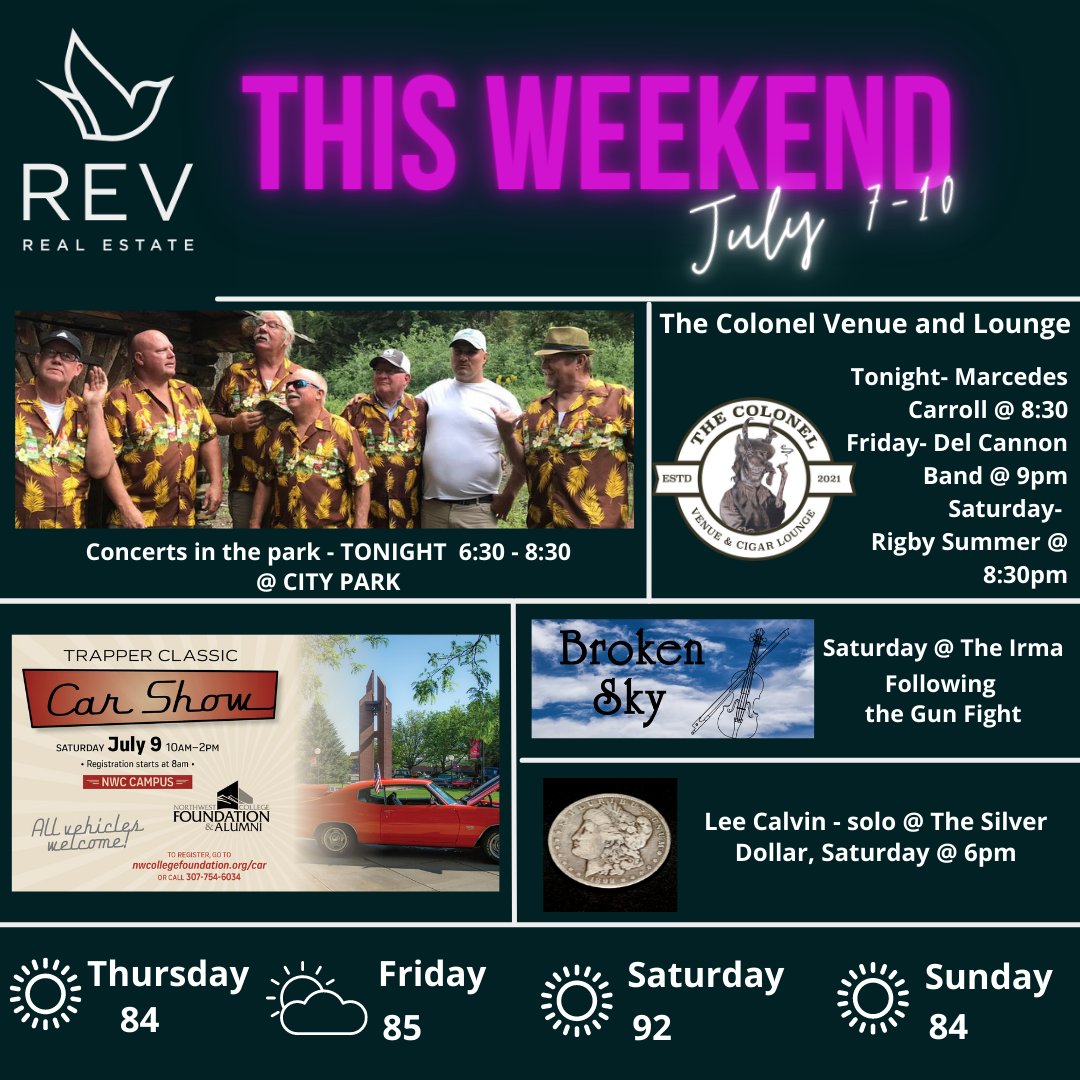 Starting tonight we have live music all weekend. There is also a car show at NorthWest College! #Wyoming #LiveMusic #ThingsToDo #CodyWY