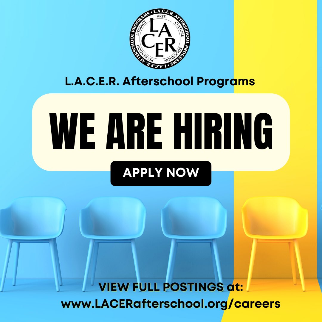 JOIN THE LACER Team ! <a href="/LACERstars/">LACER Afterschool</a> is currently hiring positions for our middle and high school sites. Visit lacerafterschool.org/careers for job descriptions and details on how to apply. #jointheteam #lacerafterschoolprograms #makeadifference #giveback #jobopportunity
