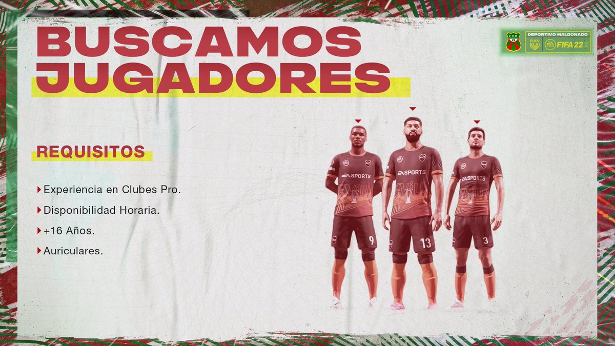 Deportivo Maldonado eSports (@cdm_esp) on Twitter photo 𝗕𝗨𝗦𝗖𝗔𝗠𝗢𝗦 𝗝𝗨𝗚𝗔𝗗𝗢𝗥𝗘𝗦 en todas las posiciones para jugar la próxima temporada de #FIFA22 en la division A de @FUFVeSports
• Interesados enviar MD
<a href="/FufvFichajes/">FUFV Fichajes</a>
<a href="/IESAFichajes/">IESA Fichajes</a> 𝗕𝗨𝗦𝗖𝗔𝗠𝗢𝗦 𝗝𝗨𝗚𝗔𝗗𝗢𝗥𝗘𝗦 en todas las posiciones para jugar la próxima temporada de #FIFA22 en la division A de @FUFVeSports
• Interesados enviar MD
<a href="/FufvFichajes/">FUFV Fichajes</a>
<a href="/IESAFichajes/">IESA Fichajes</a>