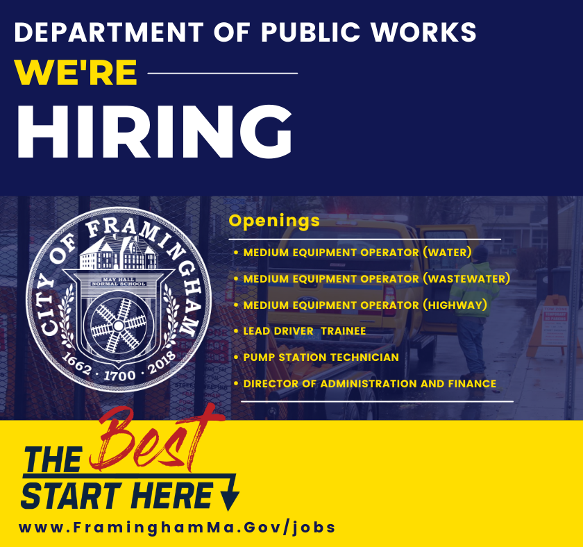 FraminghamHR's tweet photo. Framingham Public Works is hiring! Make a difference and join our team of dedicated professionals! For current job opportunities, please visit:  https://t.co/V0QpaW7uAe

#FraminghamJobs #CareersFramingham #Hiring #Jobs #Employment #DPW #PublicWorksJobs https://t.co/r0dFP6ITvK