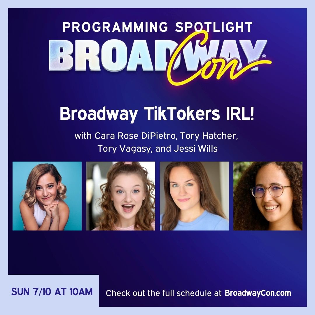 bwaycon's tweet photo. #BwayConSpotight #ThisWeekend 💙 Broadway TikTokers IRL w/Cara Rose DiPietro, @tory_hatcher, @ToryVagasy, &amp; Jessi Wills PLUS Body Liberation on Broadway with @stephanielexis, @AmaraJanae, @Lord_PegLeg, &amp; Shantez M. Tolbut. More coming! Get tickets at https://t.co/EHVx44tBoj https://t.co/j0WpsHHcWt