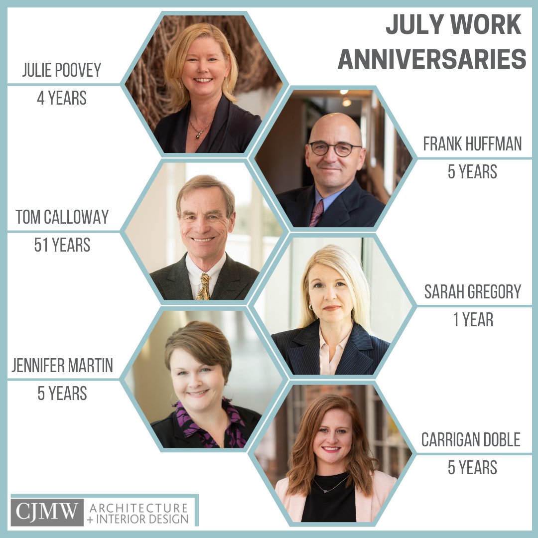 Congratulations are in order for our July Work Anniversaries! Thank you for all of your hard work in making CJMW great! 

#workanniversary #workiversary #july #thankyou #cjmw #cjmwarchitecture #cjmwinteriordesign #cjmwarchitectureandinteriors