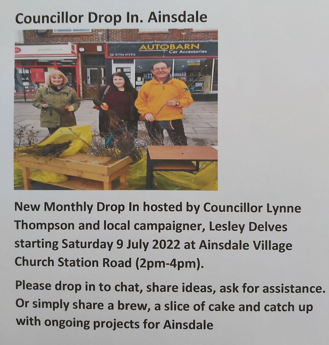 #Councillor Lynne Thompson will hold a drop-in  to chat with residents on Saturday 9th July 2 pm - 4pm at #ainsdale Village Church.