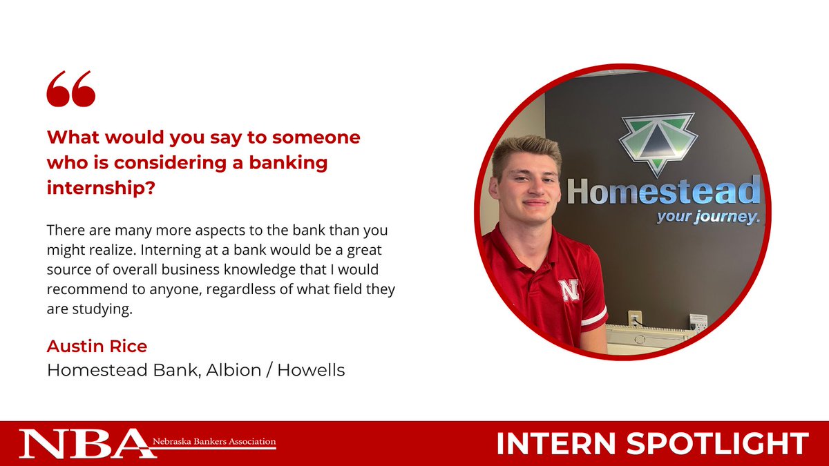 nebankers's tweet photo. Banks play a crucial part in helping customers achieve their dreams. That's just one of the lessons Austin Rice learned at his internship at @Homestead_Bank 

He says playing a part in helping others achieve their dreams is an amazing feeling. 

Learn more https://t.co/F7ltybmDYi https://t.co/XQftnPU1Yk