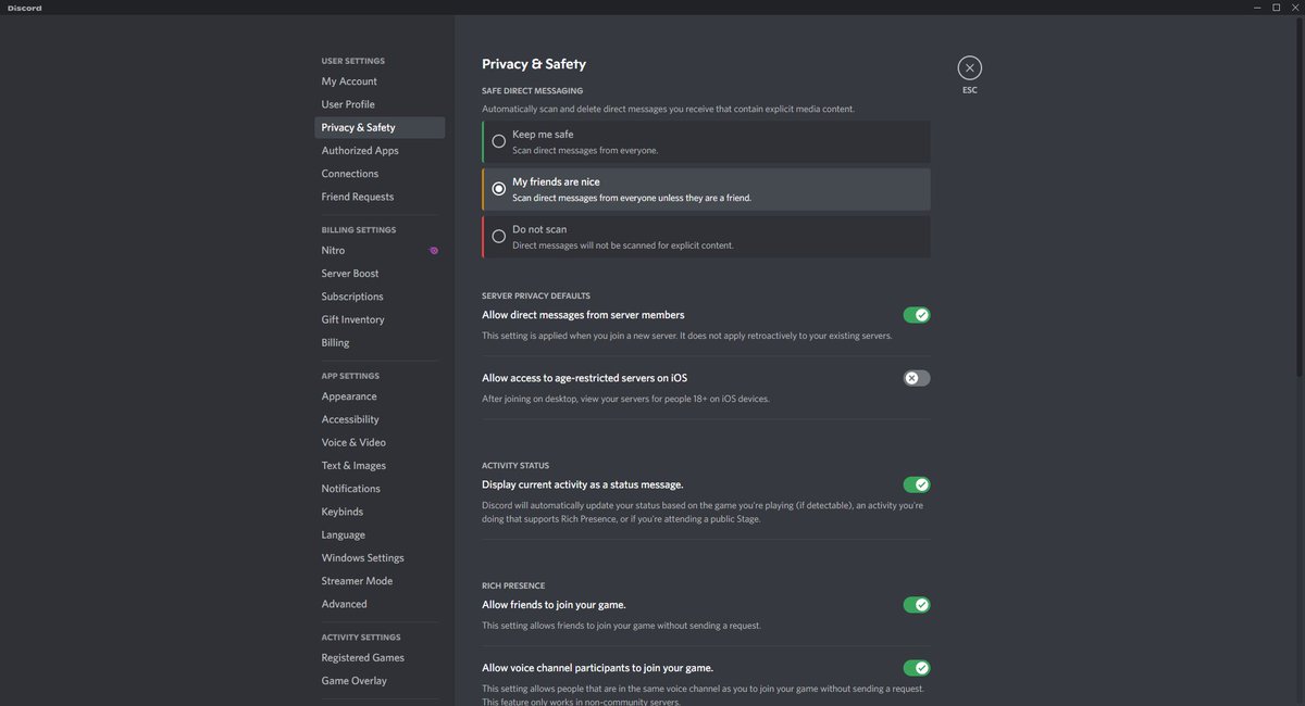emap02's tweet photo. @FatLardBucket1 @lontong_yt @discord its now under privacy and safety https://t.co/IlsHpfgbYO