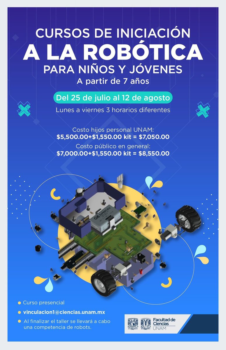 fciencias's tweet image. ¡Este verano construye tu propio robot! ☀️🤖👇 En la Facultad de Ciencias tus hij@s podrán aprender de #robótica, #electrónica, #mecánica y #programación mientras se divierten construyendo un robot 🤖 ¡Inscripciones abiertas!
👉🏻 bit.ly/3yPlI1t
#Robótica #CursoRobótica