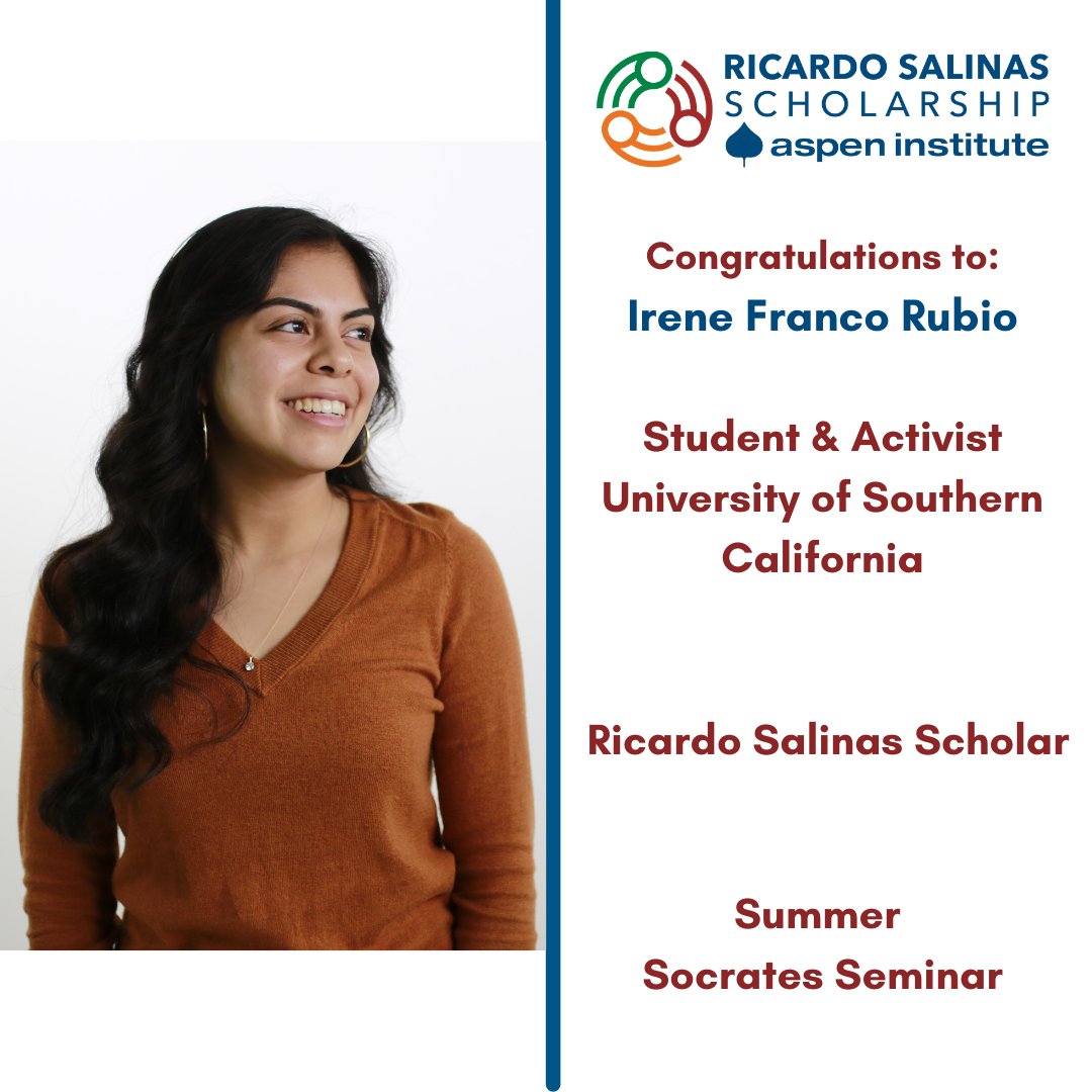 AspenConexion's tweet photo. Congratulations to Irene Franco Rubio @IFrancoRubio, who received our Ricardo Salinas Scholarship to attend @AspenSocrates Summer Seminar. #RicardoSalinasScholar Thank you to @RicardoSalinas and @GrupoSalinas for their support. https://t.co/7NAoi6kqUZ