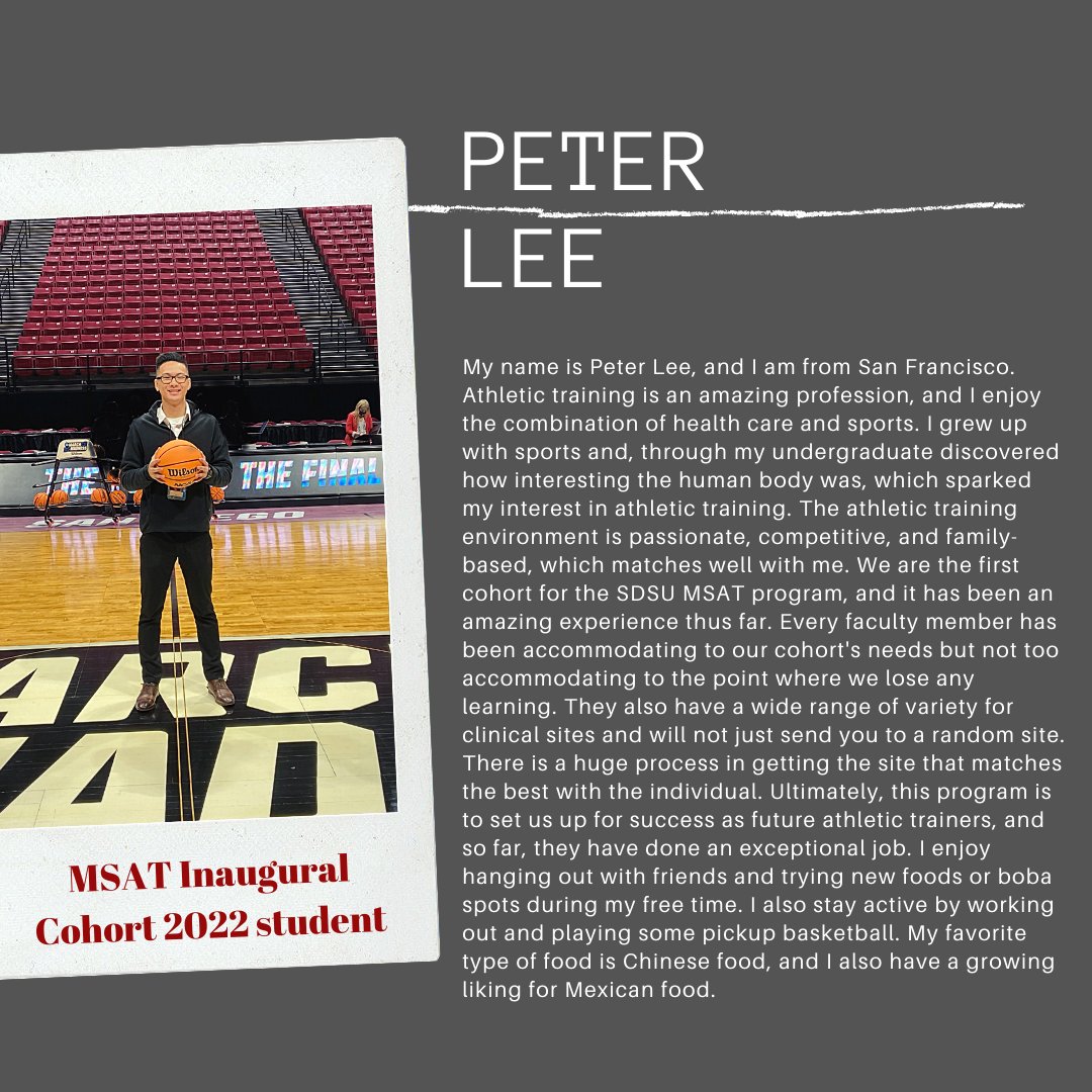 sdsu_fats's tweet photo. Meet another one of our first MSAT cohorts Peter Lee! Peter joins us as part of our inaugural cohort for our new Master of Science in Athletic Training program. https://t.co/qiX6HWmvjH