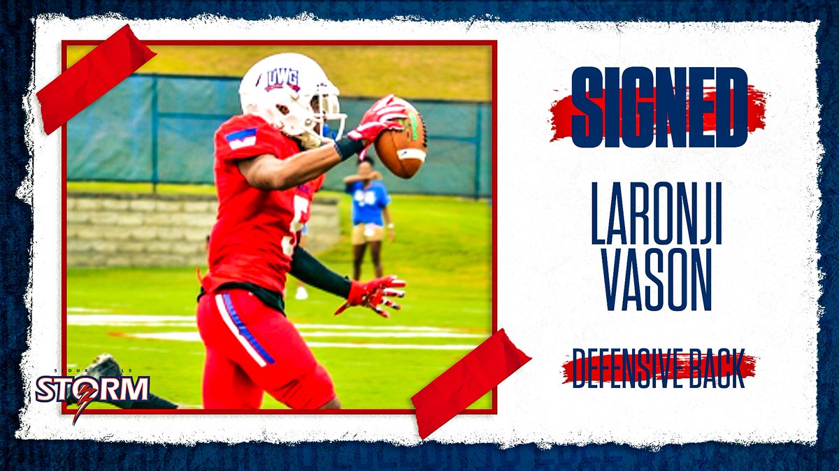 siouxfallsstorm's tweet photo. The Sioux Falls Storm have signed DB Laronji Vason to the 2022 #ThunderDefense!
Laronji played at the University of West Georgia where he accumulated 226 tackles, seven interceptions and 15 pass break-ups! https://t.co/V9PbDXsFv8