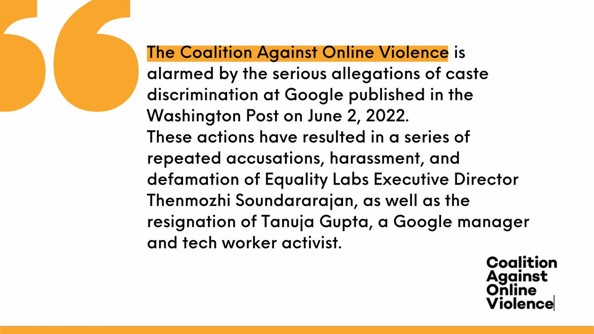 It is alarming how #WomenInTech and #WomenofColor are subject of harassment due to caste. We stand with <a href="/EqualityLabs/">Equality Labs</a>' Thenmozhi Soundararajan and Tanuja Gupta and demand accountability from #Google to address Caste Discrimination.
Our full statement⬇️ 
onlineviolenceresponsehub.org/news/the-caov-…