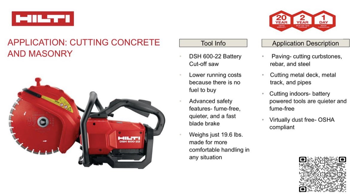 madisonbuffingt's tweet photo. Check out this Nuron DSH 600-22 Battery cut-off saw! 
YouTube Demo Video:
https://t.co/0Rqsfir7hr Scan the QR code or find the product here: https://t.co/F1t0IVzdJJ #hiltitools #myhiltiinternship @HiltiNAmerica https://t.co/HgdxVA7vJj