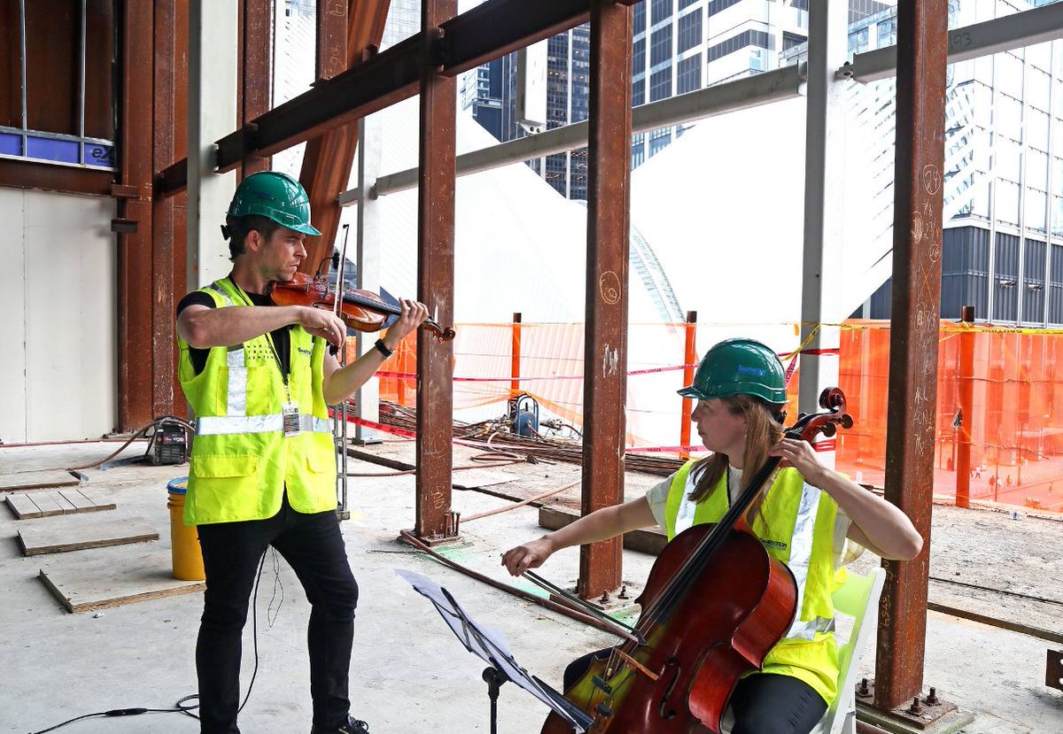 4WTC's tweet photo. #ThrowbackTuesday to having the very first (somewhat impromptu) musical performance #onthisday in 2021, inside the in-progress construction areas at the future Ronald O. Perelman #WTCPAC!

🎻🎶

Photo by Joe Woolhead https://t.co/e9DaUl5nr8