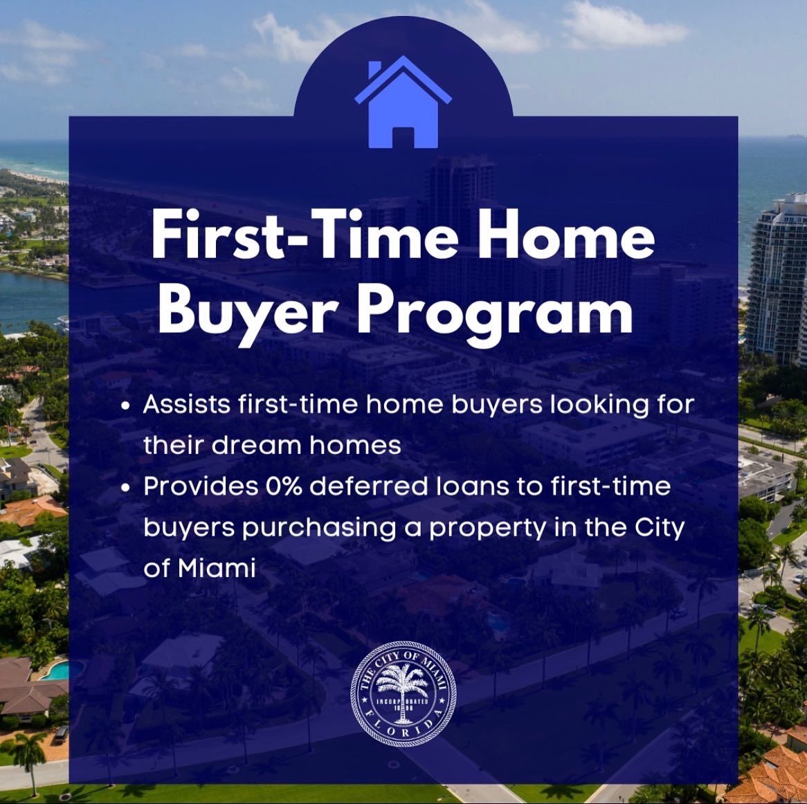 FrancisSuarez's tweet image. For Miamians looking to buy their first home, please apply to the First-Time Homebuyers Program. 

The @CityofMiami is providing interest-free loans to make buying your first home more accessible #MiamiForEveryone