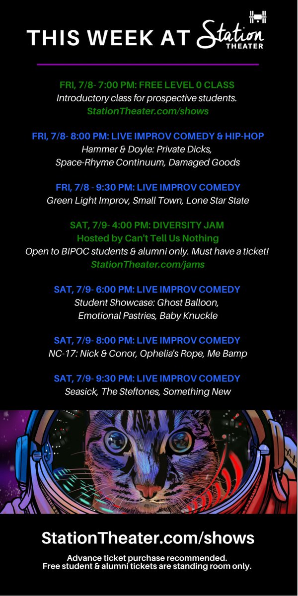 WEEKEND EVENTS FOR 7/8 - 7/9!
Lots of great improv shows + the return of the Diversity Jam - an Improv Jam for BIPOC Performers &amp; Students hosted by <a href="/ctunimprov/">_ctun_</a>! Advance tix recommended! Shows are BYOB! Shows: stationtheater.com/shows; Diversity Jam: stationtheater.com/jams