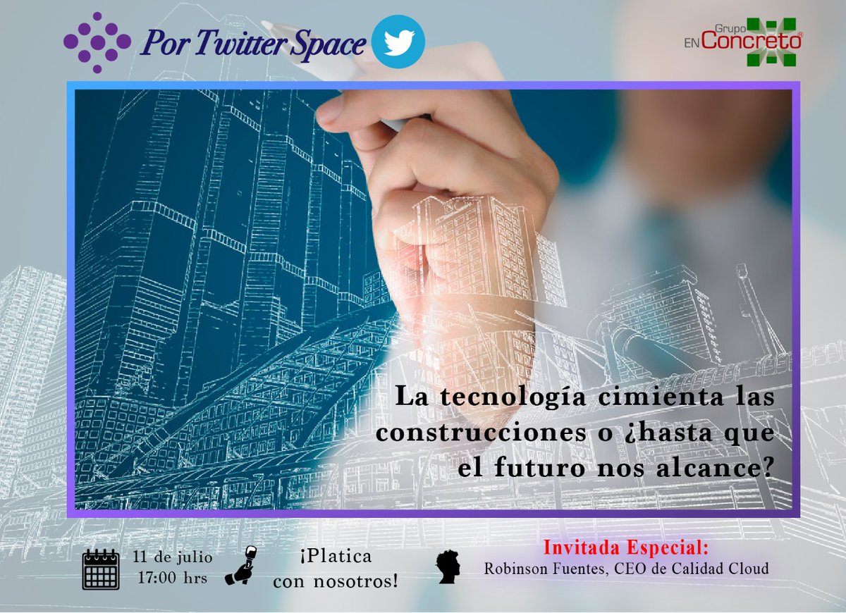 enconcreto's tweet photo. 💻🏗️La #tecnología cimienta las construcciones o ¿hasta que el futuro nos alcance?

¡Conéctate hoy lunes, 17:00 hrs! 👉https://t.co/zRS9ctX2kh

🎙️Robinson Fuentes, CEO de @CalidadCloud

🤔¿Cuáles crees que sean los #retos de esta transformación digital?

#EspaciosEnConcreto https://t.co/Dmcg3jSQEZ